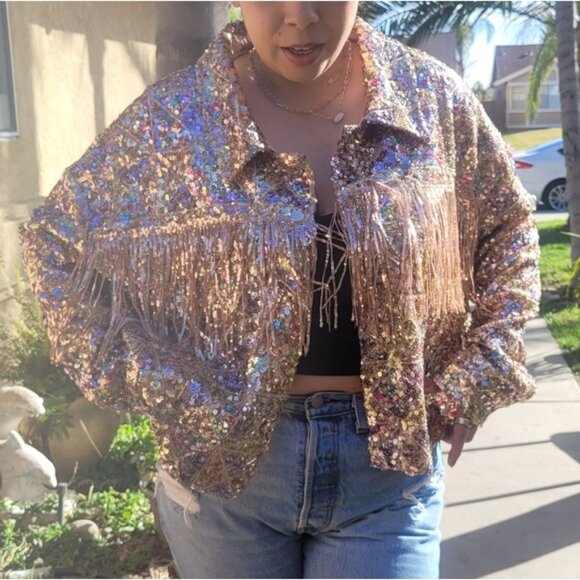 Miss me Sequin crop fringejaket rosegold size L - Picture 11 of 13